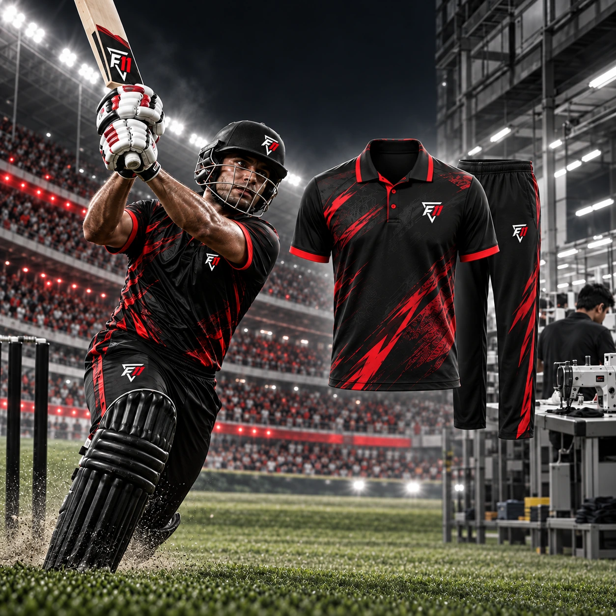 Cricket teamwear campaign with an athlete and a matching kit