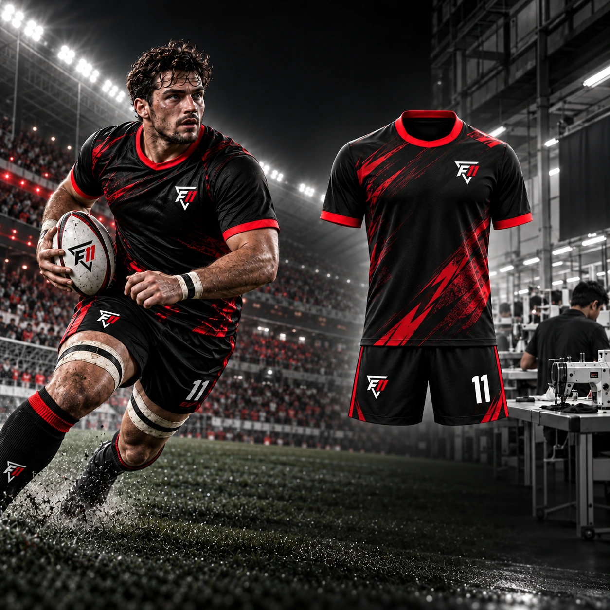 Rugby teamwear campaign with an athlete and a matching kit