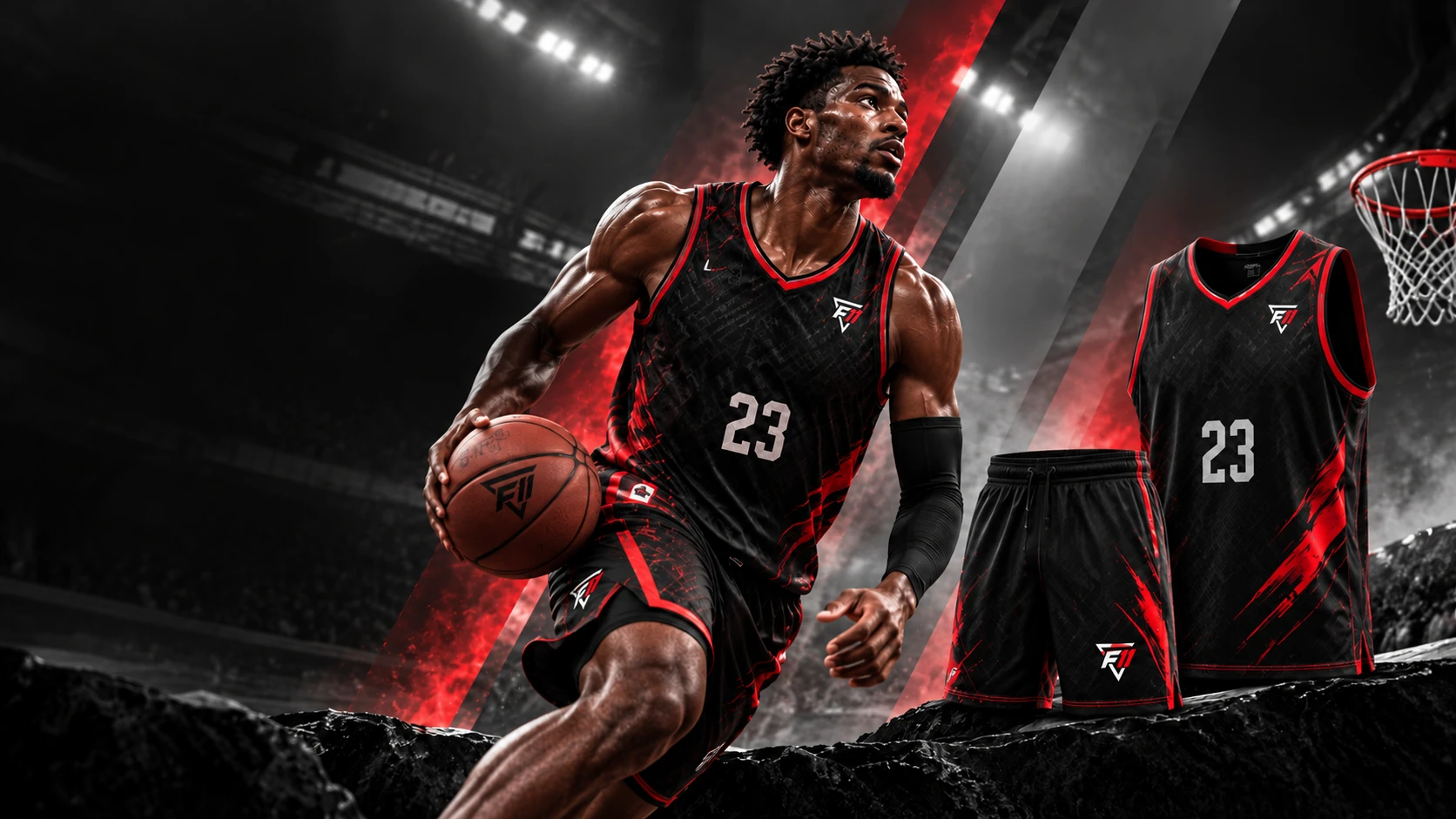 Basketball player and coordinated black and red basketball jersey and shorts