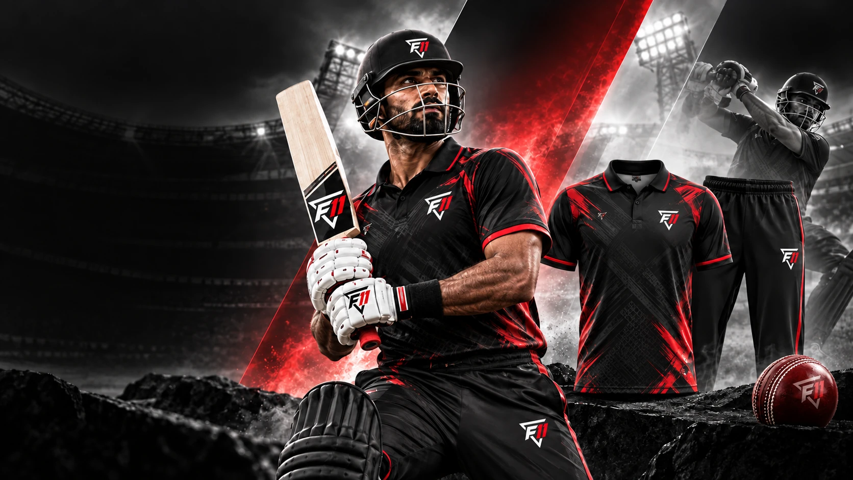 Cricket player with a bat and a matching black and red custom cricket kit