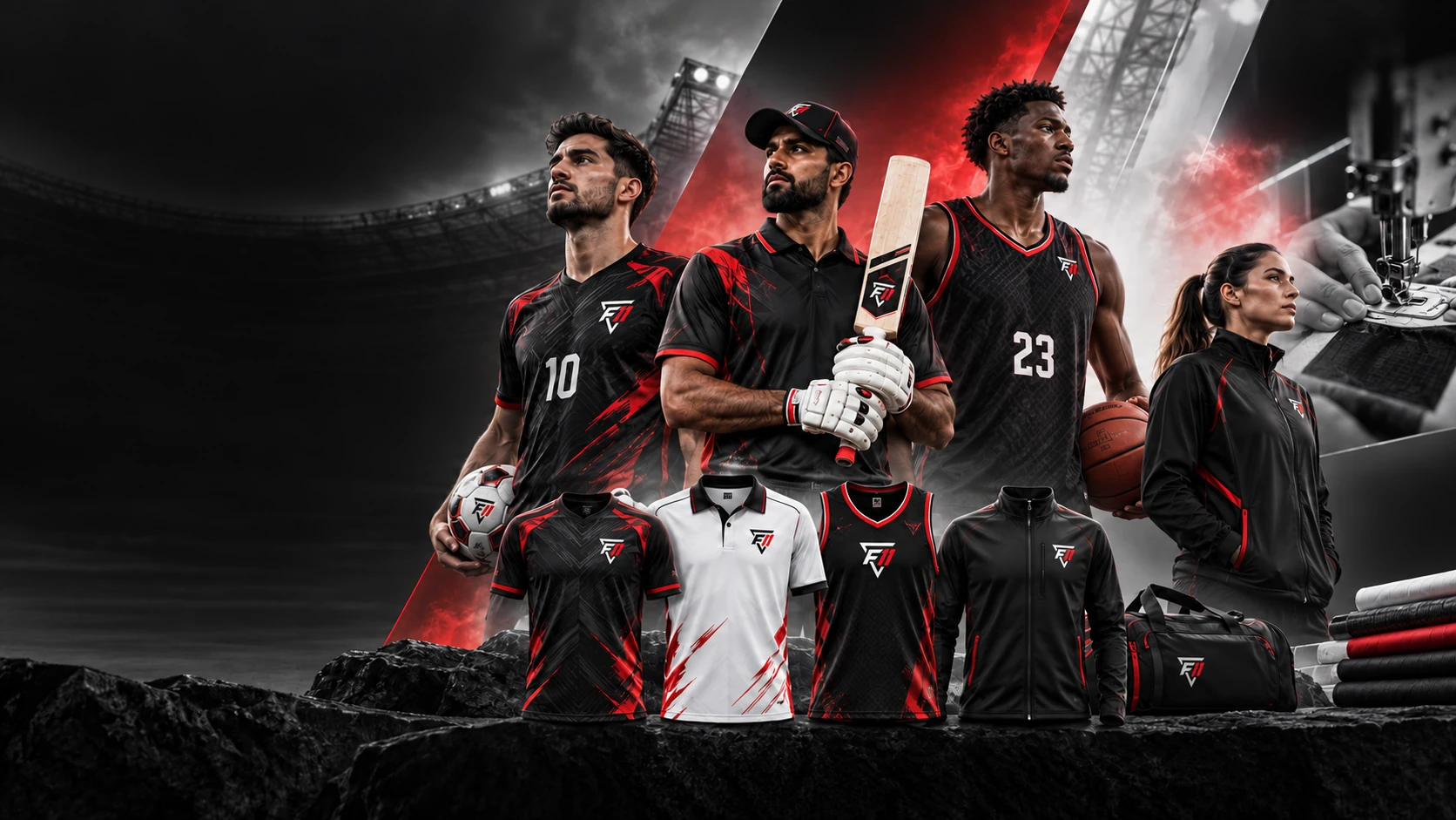 Football, cricket and basketball athletes with coordinated black and red F11 teamwear