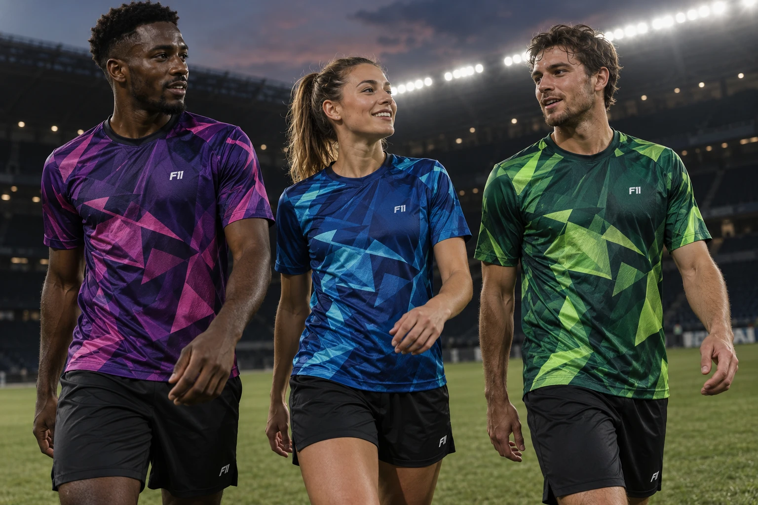 Teammates wearing colourful custom football kits